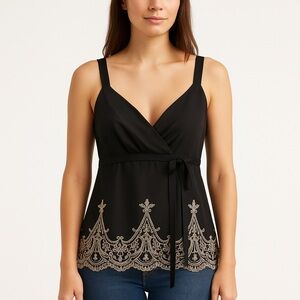 Ann Taylor LOFT Black Embroidered Lace Hem Sleeveless Top Women’s 12